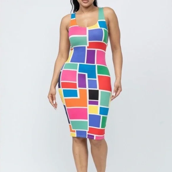 TANK TOP MULTI COLORFUL COLOR BLOCK FITTED BODYCON‎ MIDI DRESS - Picture 4 of 8